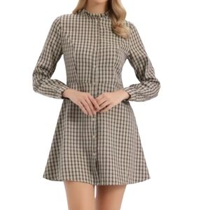 #1400 Checked Button-Front Long-Sleeve Mini Dress - Beige/Black